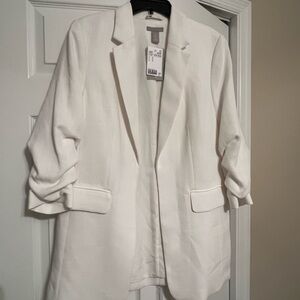 H&M White Blazer Relaxed Fit Linen Blend